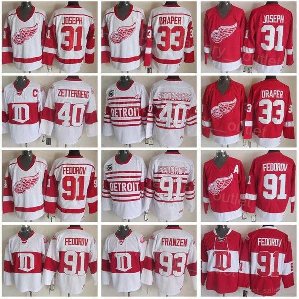 Vintage Detroit Gerileme Kırmızı Kanatlar Hokey 93 Johan Franzen Jersey Retro 31 Curtis Joseph 91 Sergei Fedorov 40 Henrik Zetterberg 33 Kris'Nhl''''Shirt