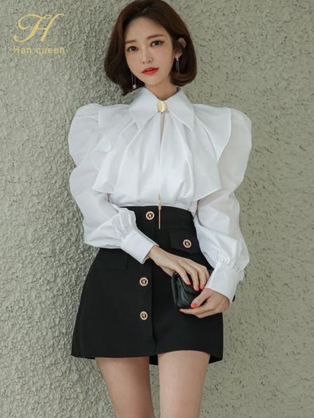 Vestido de duas peças H Han Queen Mulheres Casual Casual 2 Peças Conjunto de babados elegantes Blouses Salia de lápis de peito único Corelo Korean Saias Simples Saias 221122