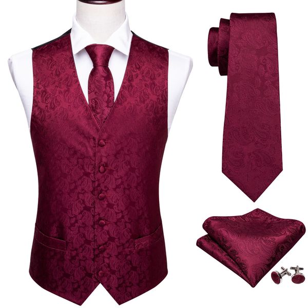 Erkek takım elbise erkekler için kırmızı yelek ince takım elbise vneck yelek ipek paisley kravat seti mendil manşet manşetleri kravat düğün barrywang 221123