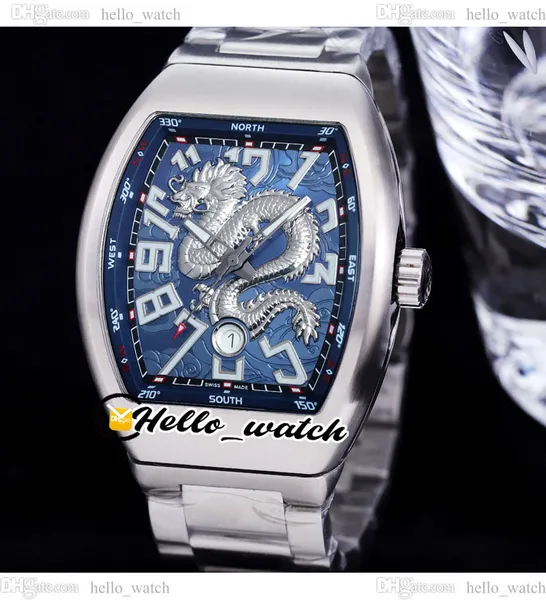 44mm Vanguard v45 masculino automático Relógio 3d Dragão King Dial Blue Dial Aço inoxidável Novos relógios HELLOWATCH HWFM E242C2