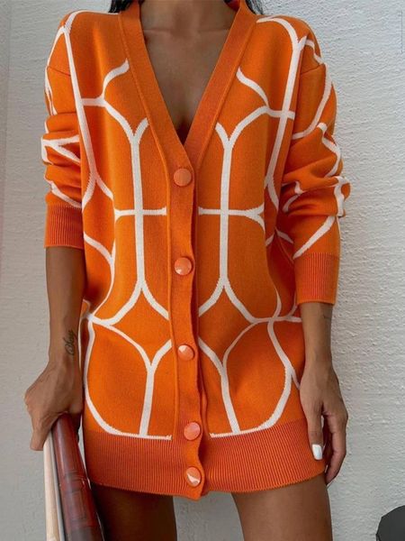 Damen Strick T-Shirts Strickjacke Frauen Orange V-Ausschnitt Einreiher Lose Dame Strickjacken Herbst Winter Lässige warme lange Ärmel Frau Pullover 221123