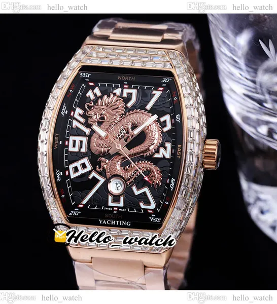 44 mm Vanguard V45 Automatik-Herrenuhr 3D Dragon King, schwarzes Zifferblatt, gepflastertes, rechteckiges Diamanten-Zifferblatt, Stick Iced Out-Diamant, Roségold, Stahlarmband, neue Uhren von HelloWatch