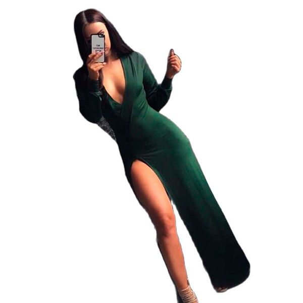 Zümrüt yeşili balo elbiseleri uzun kollu derin v yaka uyluk yüksek yan yarık gece önlükleri özel yapılmış vestidos de fiesta 2023