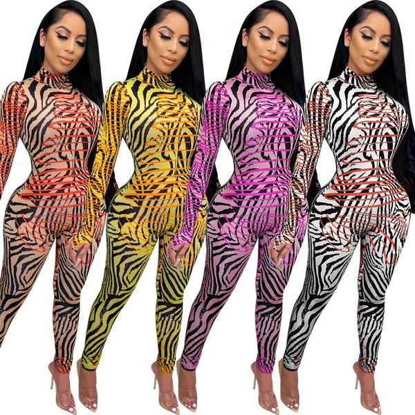 Tute da donna Pagliaccetti Zebra Pattern Stampa a righe Body Tuta da donna Dolcevita sexy Leggings a maniche lunghe Bodycon Club Pagliaccetto Tuta da donna Tuta 221123