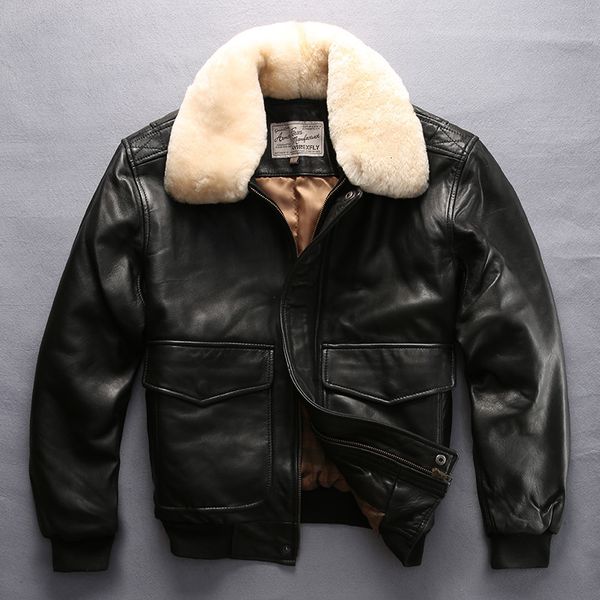 Pelle da uomo Faux Avirex fly air force giacca da volo collo di pelliccia uomo in vera pelle cappotto di pelle di pecora nera bomber invernale maschio 221122