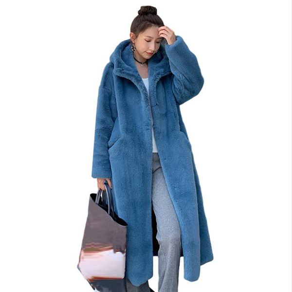 Frauen Pelz Faux Winter Mantel Frauen Kaninchen Haar Koreanische Mit Kapuze Nachahmung Nerz Lange Jacke Lose Dicke Warme 221122