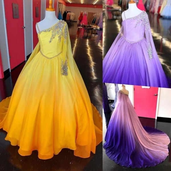 Abiti da ragazza Abito da spettacolo viola 2022 Mantella Cristalli Perline Chiffon Compleanno per bambini Festa formale a maniche lunghe Giallo