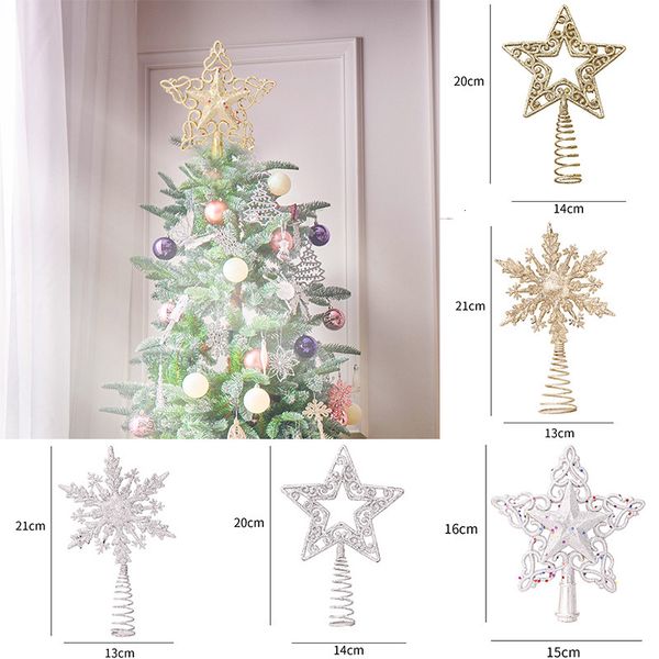 Weihnachtsdekorationen Weihnachtsbaumspitze Stern Glitzer hohler Kunststoff Gold und Silber Pentagramm Schneeflocke Ornamente 3D Weihnachtsbaumspitze Dekor Anhänger 221123