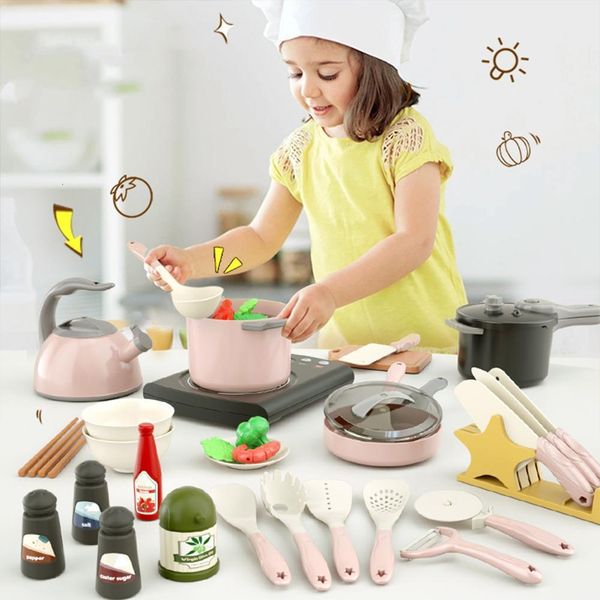 Cozinhas jogam comida para crianças Simulação Cooking Toy Set Sound Função Light Pan Bowl Kids Fingend Cookware Kit Presentes 221123