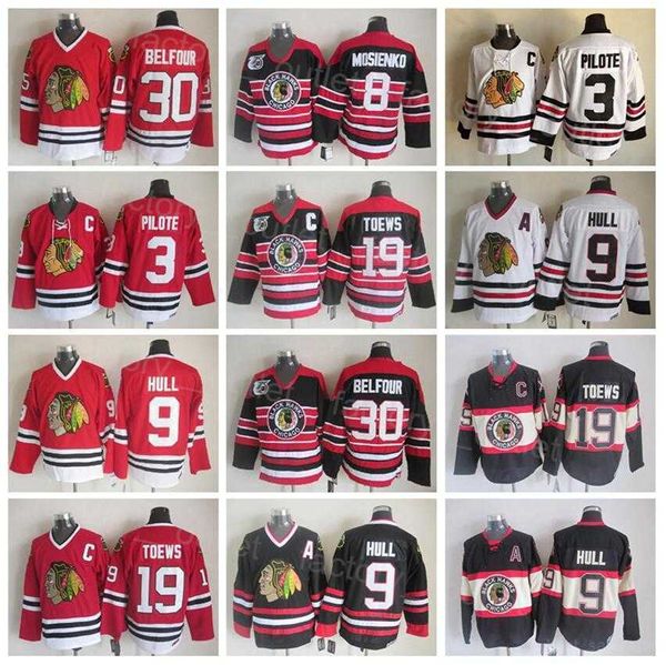 Retro Chicago Throwback Blackhawks Hóquei 9 Bobby Hull Jersey 8 Bill Mosienko 30 Ed Belfour 19 Jonathan Toews 3 Pierre Pilote Vintage''Nhl''Shirt