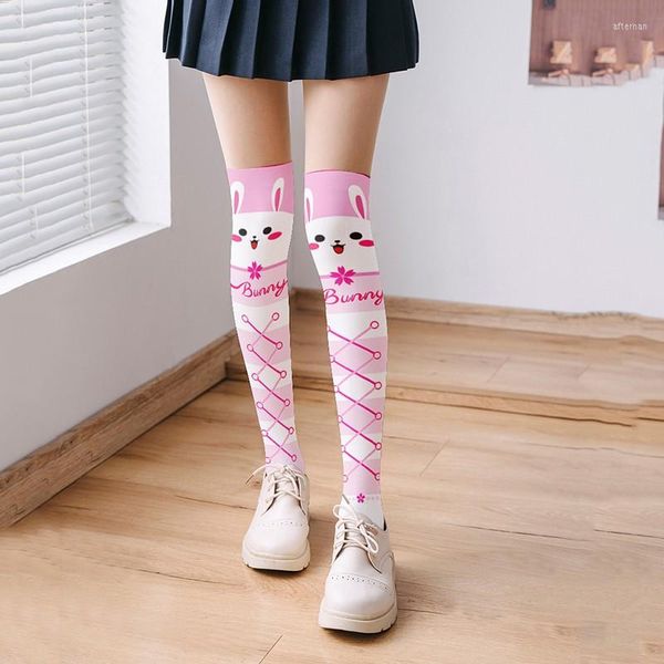 Frauen-Socken, 3D-gedruckt, rosa, lang, Mädchen, über dem Knie, modisch, sexy Nylonstrumpf, glücklicher Cartoon, lustig, weich, Oberschenkel hoch