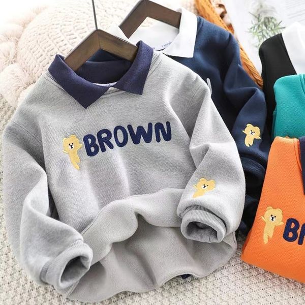 Pullover Jungen mit Fleece gefütterte, verdickte Baumwolljacke für große Kinder, gefälschte zweiteilige Bottoming-Shirts, Frühlings- und Herbst-Cartoon-Pullover 221122