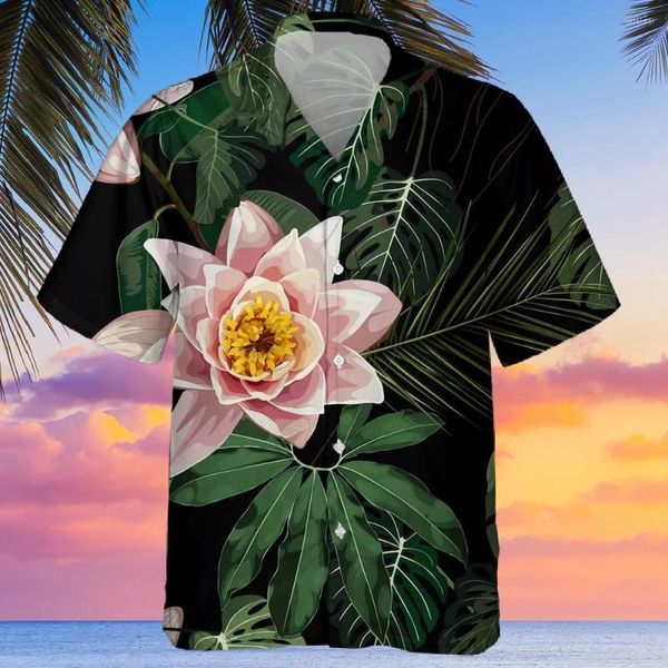 Camisas casuais masculinas verão 3d Black Lotus Flor Padrão de Flor Floral Prinha masculino Hawaiian Beach Fashion Aloha Camisa superdimensionada Tops grandes