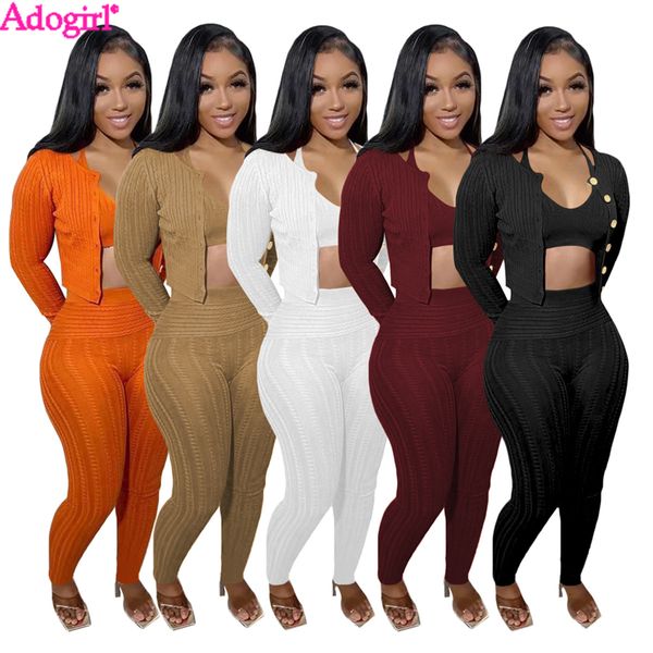 Damen Zweiteilige Hose Adogirl Solider handgestrickter Pullover 3 Sets Damen Neckholder Weste Crop Top Knöpfe Langarm Cardigan Skinny Trainingsanzug 221123