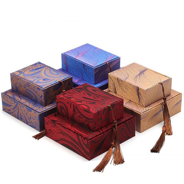 Scatola di imballaggio per gioielli di poesia antica Scatola di imballaggio con cordino per bracciale buddista con frange in lino di legno