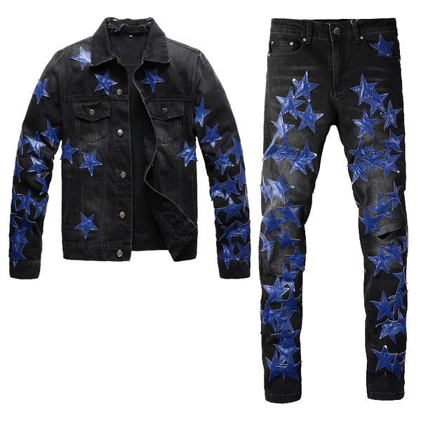 Preto rasgado buracos treino masculino azul estrela remendo manga longa jaqueta jeans e estiramento jeans magros 2 pçs define moda magro roupas masculinas