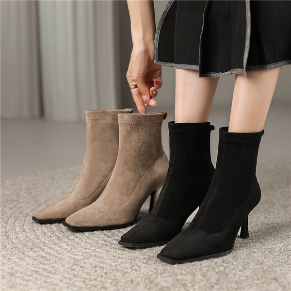 Botas Vintage Britsh Estilo Faux Suede Couro Tornozelo Inverno Mulheres Square Toe Fino Salto Alto Feminino Sexy Botas Curtas 221123