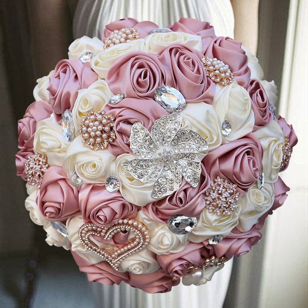 Ghirlande di fiori decorativi 1 Pz / lotto Bouquet da sposa viola Avorio Raso rosa Spilla artificiale Matrimonio Bouquet da sposa damigella d'onore 221122