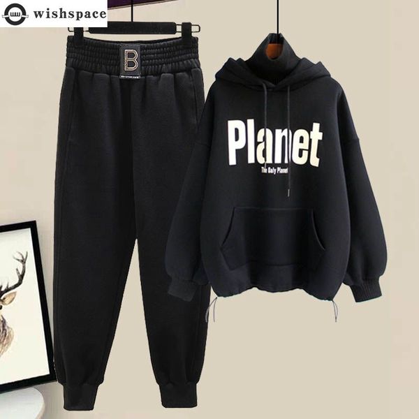 Calças femininas de duas peças outono e inverno conjunto coreano engrossado sweatpants feminino estudante gola alta com capuz topo 221123