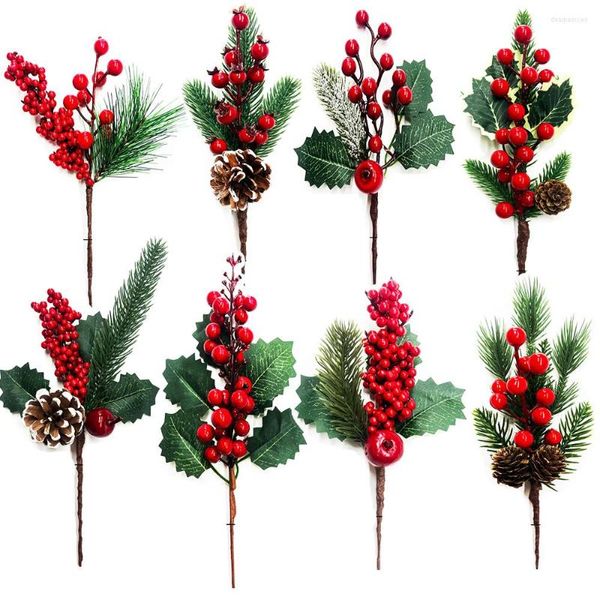 Fiori decorativi 1pc Natale artificiale Ramo di bacche rosse Multi tipo Fiocco di neve Rami di aghi di pino per la fornitura di ghirlande di Natale Noel fai da te