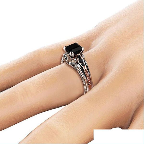 Anello solitario Anello solitario con zirconi neri Anello solitario con diamante quadrato Anelli di fidanzamento per matrimonio Gioielli di moda per donna Regalo Consegna di goccia Dh7Nd