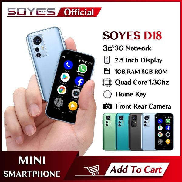 Mini smartphone Android sbloccato SOYES D18 Display da 2,5 pollici Fotocamera posteriore anteriore Dual SIM Slot per scheda TF 1000mAh Rete 3G Palm Smartphone