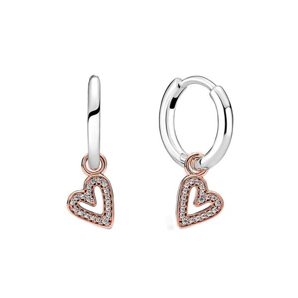 Brincos de argola de coração à mão livre cintilantes Real Sterling Silver com caixa original para Pandora Women Wedding Jewelry Rose Gold Love Hearts Pingente Brinco Stud