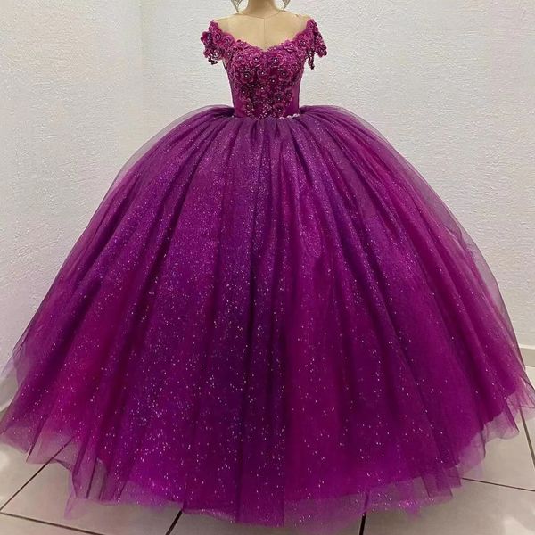 Grape Purple Princess Quinceanera Vestidos Doce menina Bi￧o de lantejoulas Flores de lantejoulas vestido de festa de festa formal Vestidos de 15 Anos