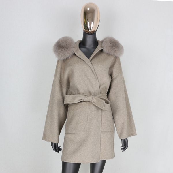 Womens Wool Blends Furbelieve Cashmere Real Peur Coat Jacket Winter Women Collar Natural Outerwear Belt Streetwear Oversize 221122