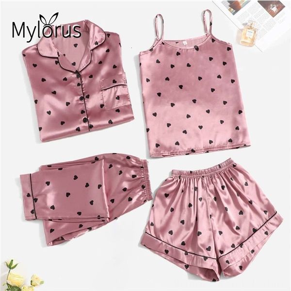 Funcionários de sono feminino 4 peças de pijamas de seda para mulheres sexy madeirwearwear shorts shorts shorts de manga longa cetim pijama 221122