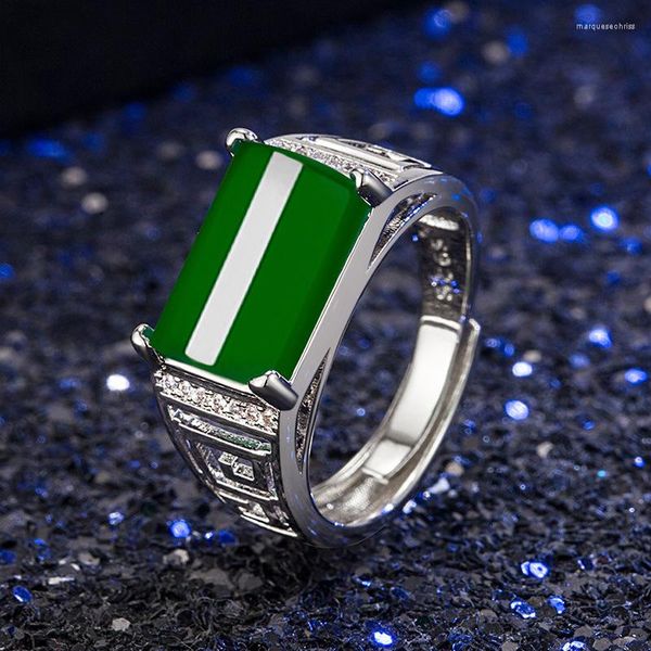 Anéis de casamento Luxury vintage prateado masculino anel geométrico verde natural jade esmerald festa aberta masculino jóias de jóias