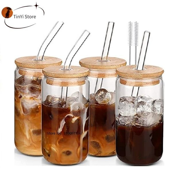 Tazze 400500ml Trasparente Utensile per bere Caffè Tazza di vetro con cannucce Vino Latte Birra Cola Succo Bicchieri freddi Lattina fatta a mano 221122