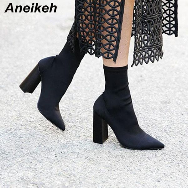 Botas Aneikeh Slim Stretch Ankle para Mulheres Apontadas Toe Sock Square High Heel Shoes Mulher Moda Bota Feminina 41 221123