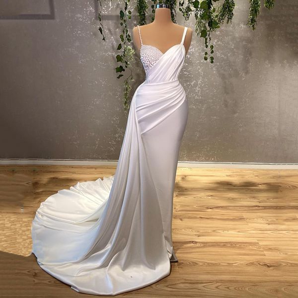 Vestidos de Noiva Sexy para Mulheres Charmoso 2024 Alças Pérolas Vestido de Noiva Branco Sereia Até o Chão Robe De Mariee Personalizar Vestidos De Novia