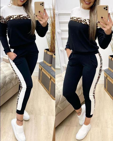 Pantaloni da donna a due pezzi Set abiti casual Stampa ghepardo Colorblock Top a maniche lunghe Pantaloni sportivi Felpa Autunno 221123