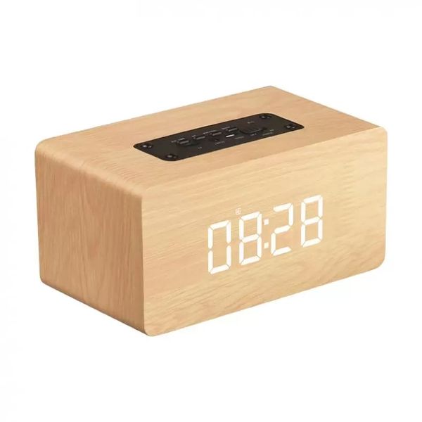 Alto-falante W5C 52mm de madeira dupla de madeira 4.2 Alarme compatível com Bluetooth Relógio com exibição de tempo e aux para smartphone / pc