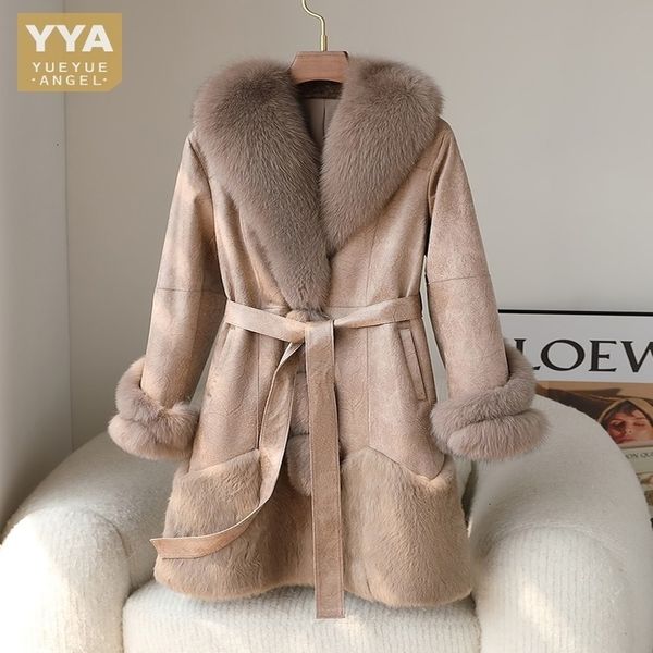 Frauen Pelz Faux Real Mantel Gürtel Frauen Elegante Kaninchen Jacke Winter Warme Wildleder Leder Kragen Mantel Dicken Softshell Party graben 221122