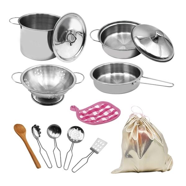 Cozinhas jogam comida 12pcs meninas crianças mini ferramentas de fingir ferramentas de aço inoxidável infantil panelas de cozinha panelas brinquedos 221123