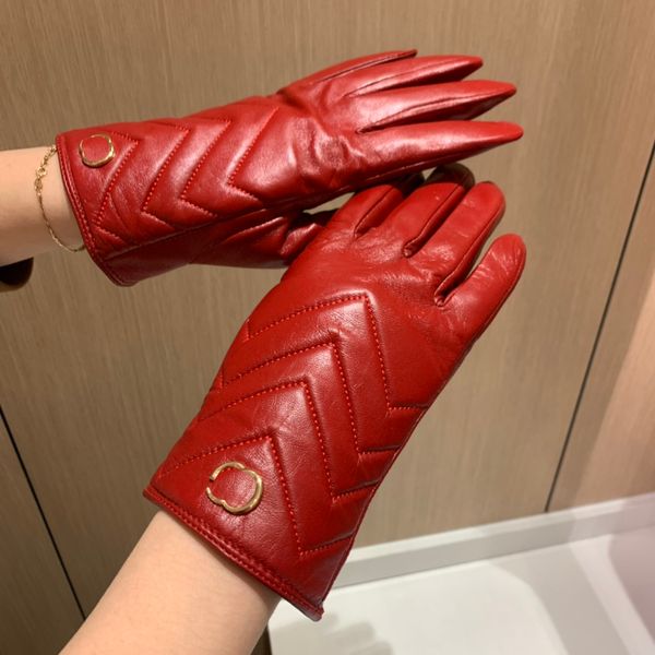 Stilvolle Damen Rote Lederhandschuhe Winter Plus Samt Fäustlinge Outdoor Dicke Fahrhandschuhe Designer Schaffell Fäustlinge mit Box