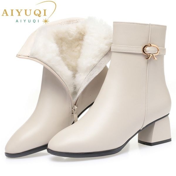 Botas Aiyuqi Mulheres Vestido Inverno Lã Redondo Toe Couro Genuíno Tornozelo Vermelho Banquete Moda Curto 221123