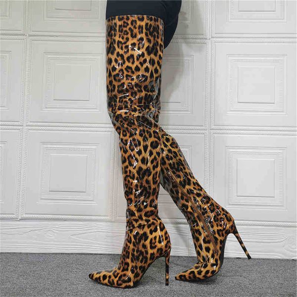 Botas Arden Furtado Sexy Leopard Print High Heels 12 cm sobre as botas de joelho Mulher apontada de dedo do p￩