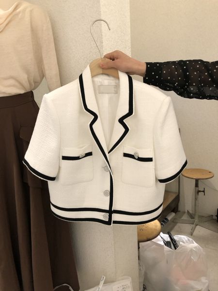 A lã feminina combina temperamento coreano tweed branco de manga curta colheita de moda de moda de moda de verão slim preto terno de lã Cardigan top 221123