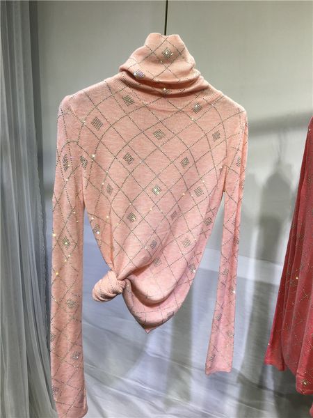 Dolcevita da donna maglione lavorato a maglia con strass top pullover geometrici
