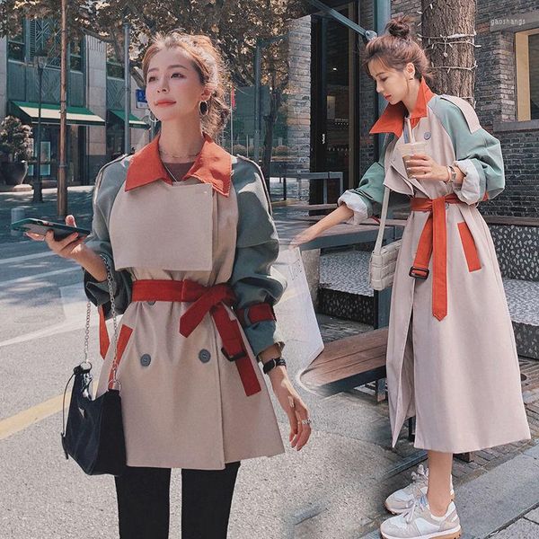 Trench da donna Cappotto primaverile autunnale Moda patchwork Giacca a vento da donna Cintura sottile Cappotto doppiopetto da donna di grandi dimensioni