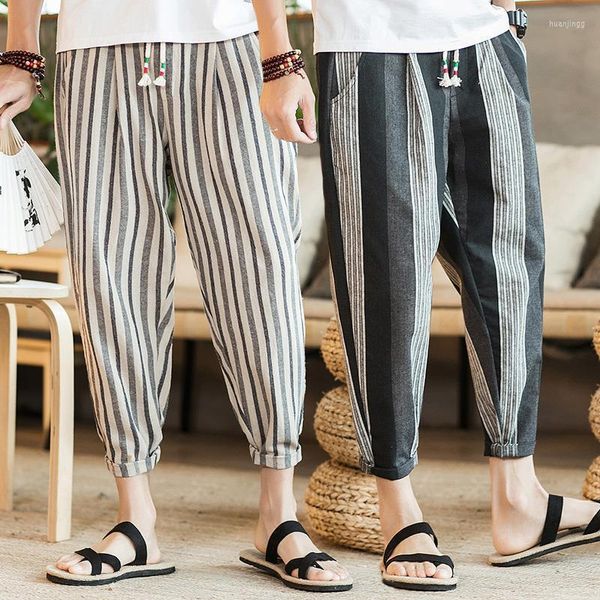 Pantaloni da uomo Abbigliamento da uomo 2022 Sezione sottile estiva Traspirante Lino a righe verticali Casual Nove punti Allentato da uomo Taglie forti Slim