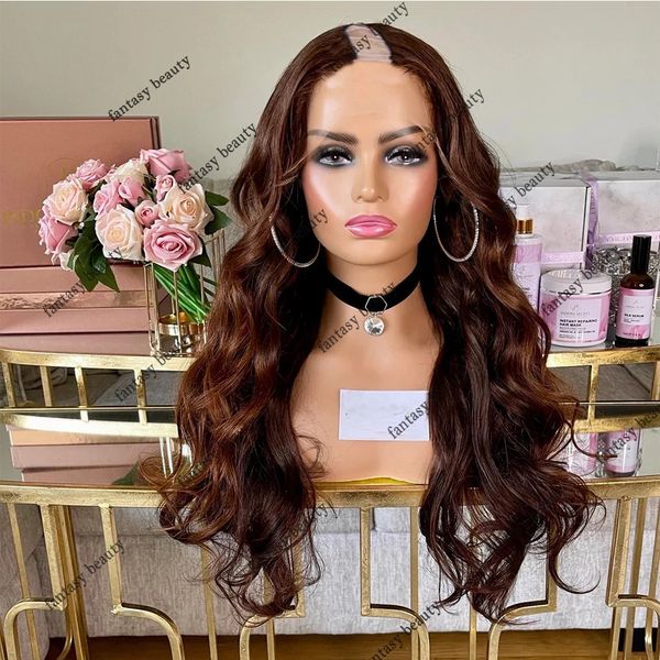 Balayage Vurgu Koyu Kahverengi U Parça Peruk İnsan Saç Orta Parçaları Auburn Vücut Dalgası Glueless Vpart Wig İşlenmemiş Vrigin Saçları