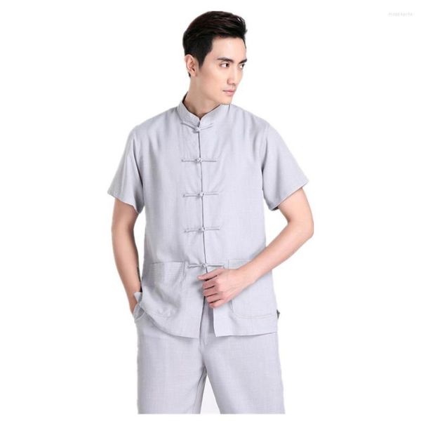 Ethnische Kleidung Shanghai Story Traditionelle chinesische Oberteile Kurzarm Tang-Anzug für Männer Hemd aus Baumwollmischung / Grau