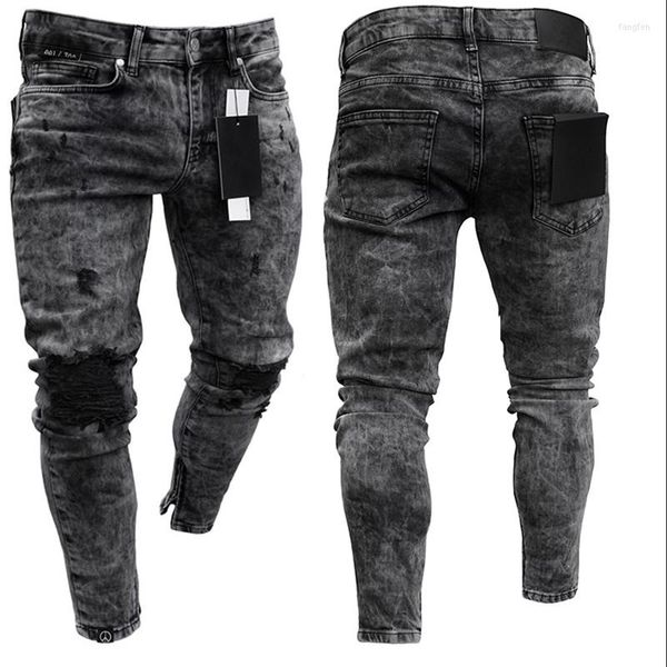 Мужские джинсы мужские спортивные штаны сексуальные дырочные штаны повседневная нога -молния мужчина разорванные узкие брюки черные байкерские карандаш длинные
