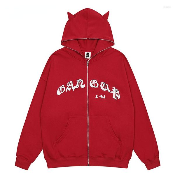 Jackets masculinos Autumn Cotton Zipper Men Rouse Devil Hat Hat Letter Prind Capeled Jacked Hip Hop Harajuku Coat Streetwear