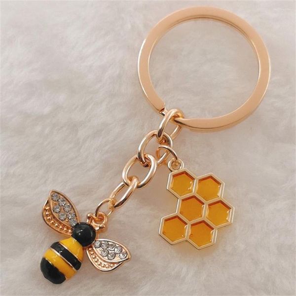 Schlüsselanhänger 1 stück Nette Frauen Hexagon Waben Tropf Öl Strass Biene Schlüsselbund Paar Insekt Schlüssel Ring Tasche Ornament Zubehör